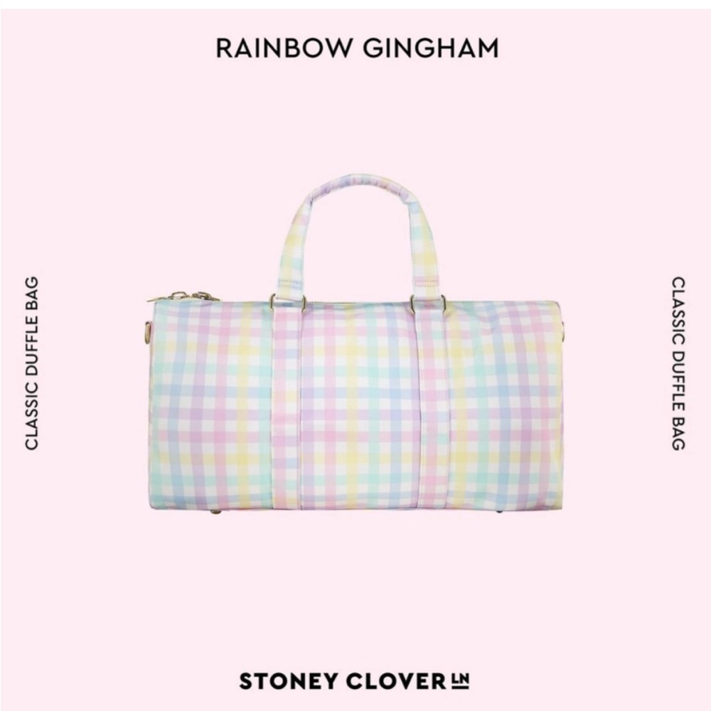 Stoney Clover Lane Rainbow Gingham Classic duffle w 30 + sewn on patches